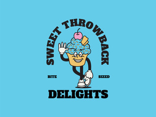 Retro dessert character. Cute cartoon mascot sweets, smile walking sweet food, funny face ice cream, vintage cupcake, donut and wafer, bakery characters vector set. Croissant, candy and cookie