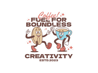 Set of retro cartoon funny characters posters. Vintage drink vector illustration. Latte, cappuccino, coffee cup, fresh juice mascot. Nostalgia 60, 70s, 80s. Print for cafe
