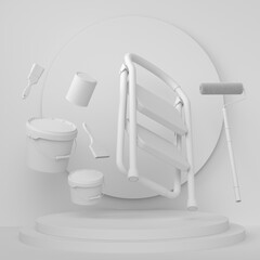 Abstract scene with folding ladder, bucket and paint roller on monochrome