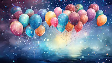 Colorful balloons and strings in the Blue sky over water.  Birthday card watercolor painting. Happy birthday.