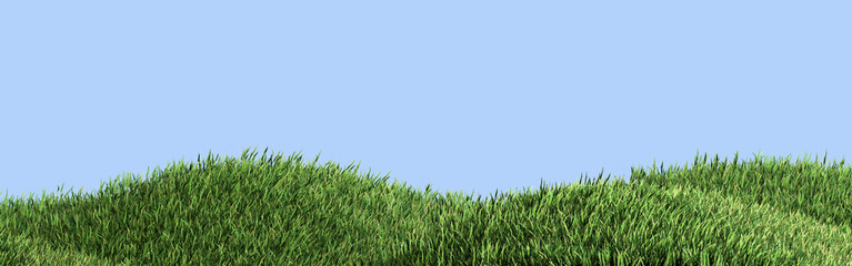 Horizontal panorama of green grass on the hills against the blue sky. 