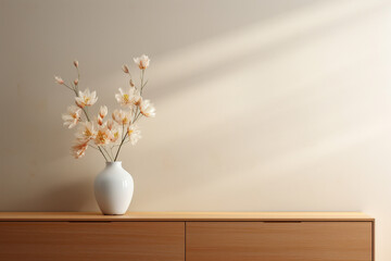 flowers in a vase on a wooden table with a beautiful wall background