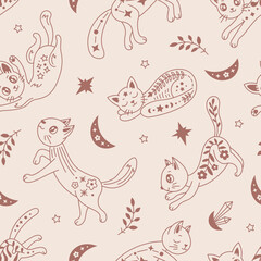 Celestial seamless pattern with boho cats in doodle style. Cute hand drawn endless background with mystical animals, crescents, stars and branches. Esoteric vector illustration