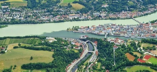 Passau, Germany: Estuary of Inn and Ilz into the Danube. Passau,Bavaria, Germany: Aerial cityscape of the three river city. Conjuction of tree rivers Danube, Inn and Ilz.