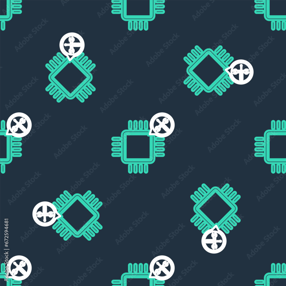 Aufkleber line processor with screwdriver and wrench icon isolated seamless pattern on black background. adjus