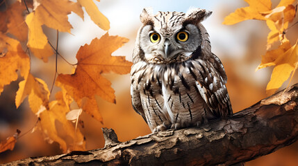 owl on a tree.The eagle owl sits on a branch and looks into the autumn forest, yellow leaves, autumn.
