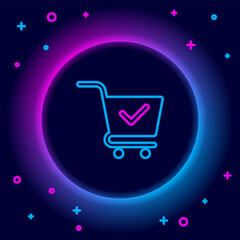Glowing neon line Shopping cart with check mark icon isolated on black background. Supermarket basket with approved, confirm, done, tick, completed symbol. Colorful outline concept. Vector