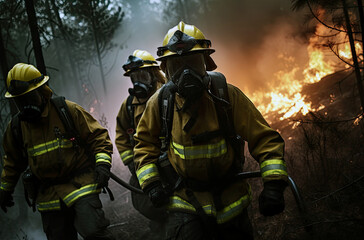 Obraz premium Emergency Responders in Protective Gear Extinguishing a Blazing Fire with a Fire Hose