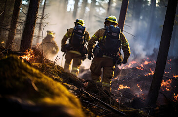 Firefighters in Protective Workwear Cooperating to Contain Forest Wildfire