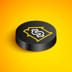 Isometric line House with dollar symbol icon isolated on yellow background. Home and money. Real estate concept. Black circle button. Vector