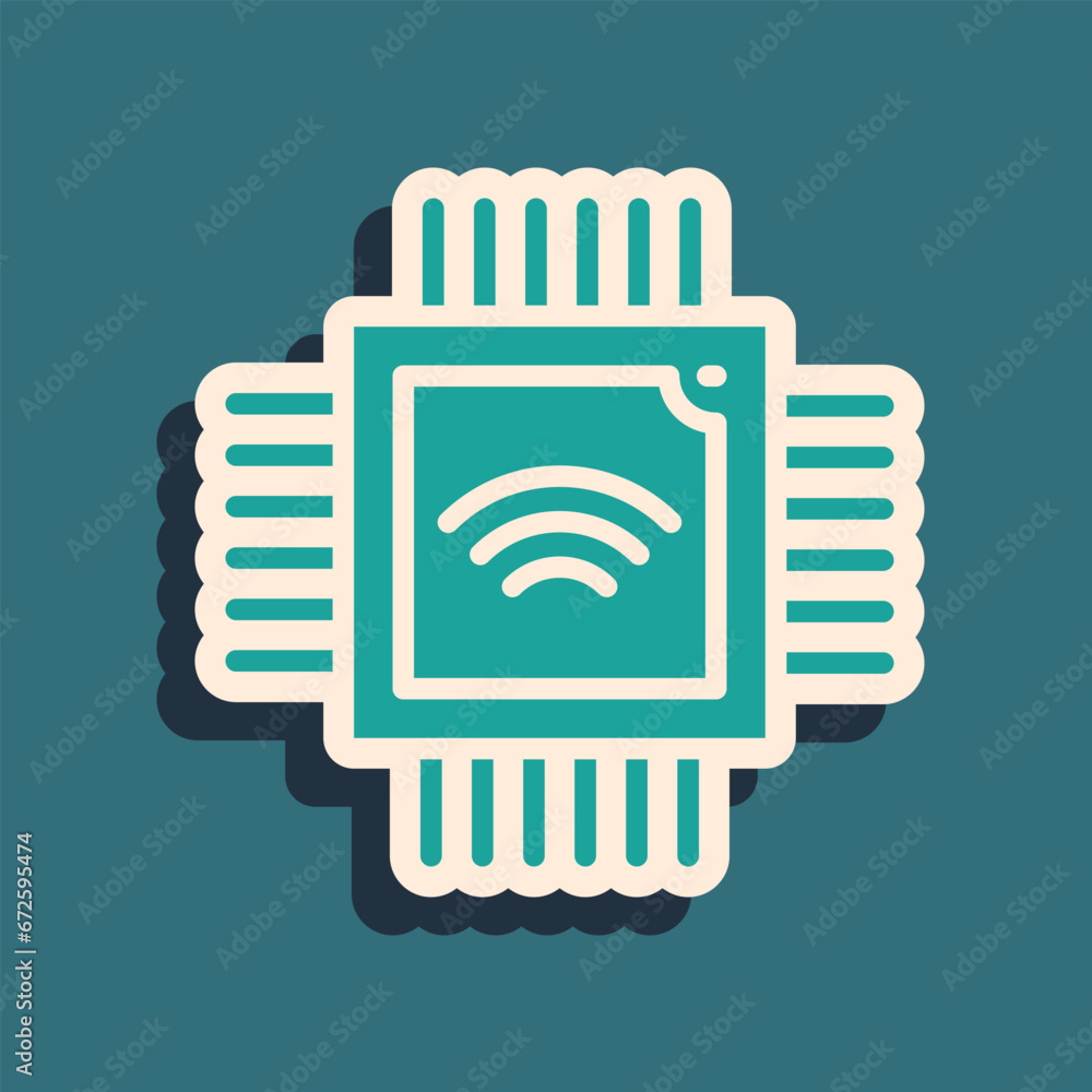 Poster green computer processor with microcircuits cpu icon isolated on green background. chip or cpu with 