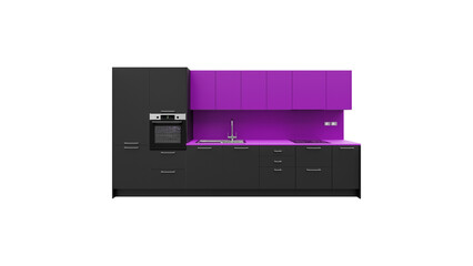 KITCHEN DESIGN 3D RENDERING MODEL ISOLATED ON WHITE. DARK GREY AND PURPLE KITCHEN PERSPECTIVE VIEW PNG TRANSPARENT
