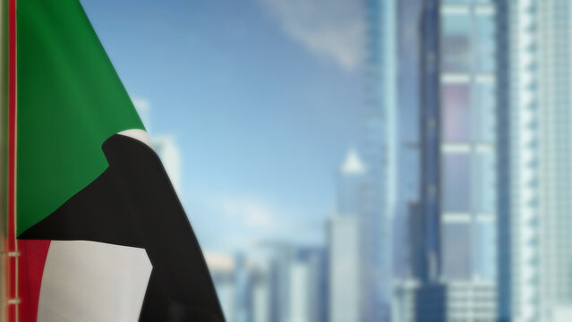 flag of Sudan on modern city buildings bokeh background for day of the flag - abstract 3D illustration