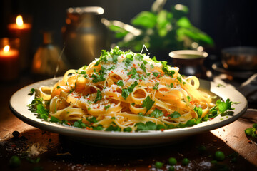 Spaghetti Carbonara on dish topped fresh greenery. Italian food