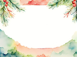 Watercolor Christmas border with fir branches, garland and copy space