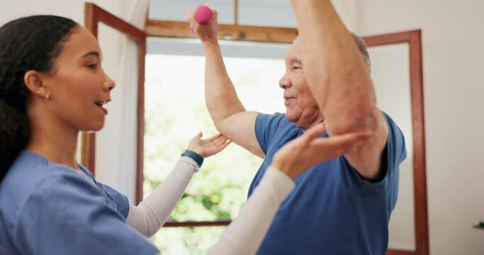 Clinic, physiotherapist help and old man doing dumbbell arm exercise, training assessment or rehabilitation. Physical therapy, wellness services and healthcare worker consulting senior patient