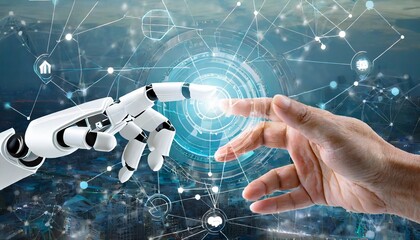 Human hand touches technology finance