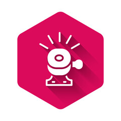 White Bicycle bell icon isolated with long shadow. Pink hexagon button. Vector