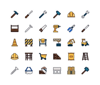 Construction and Tools icon set. Filled Line style icons