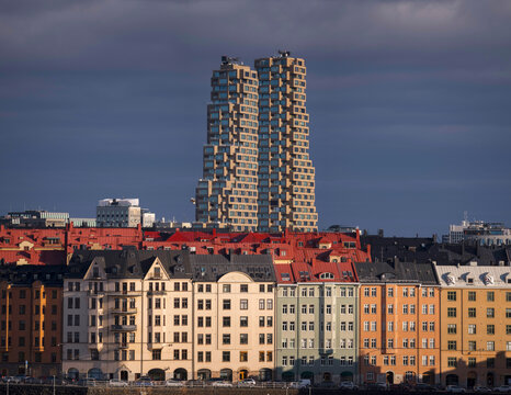 Twin tower skyscrapers Norra Tornen in the district Vasastan, grey sky back ground and low morning sun light, early autumn morning in Stockholm