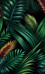 Tropical seamless border. Exotic colorful, green palm leaves on dark background. Glamorous pattern. Hand-drawn 3D illustration. Dark floral foliage, jungle. Luxury wallpaper, mural, Generative AI