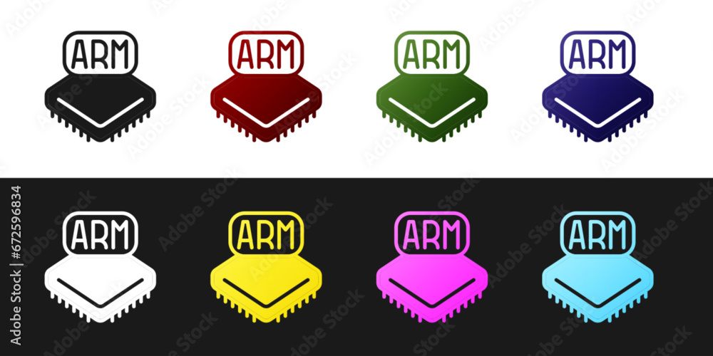 Poster set processor icon isolated on black and white background. cpu, central processing unit, microchip, 
