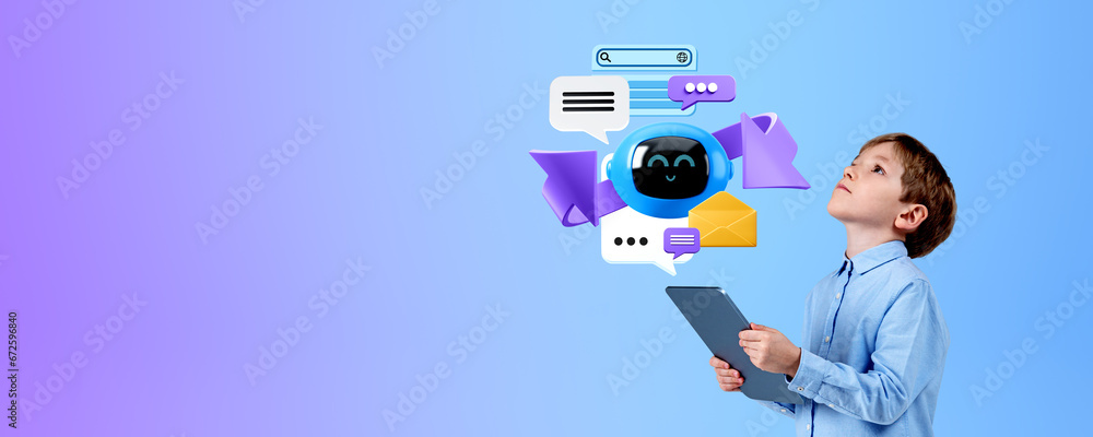 Poster child using tablet with chat bot, looking at virtual assistant a