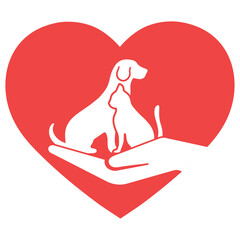Illustration caring for pets. Dog and cat on hand with heart on white background.