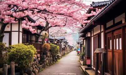 Fototapeta premium street village with sakura flowers