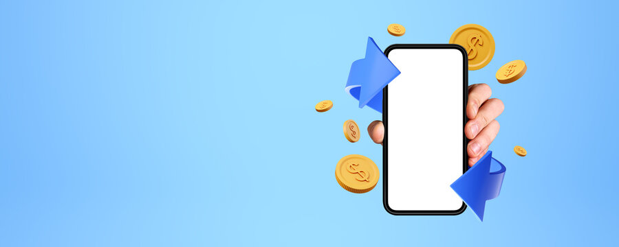 Man hand with smartphone and cashback app, online banking