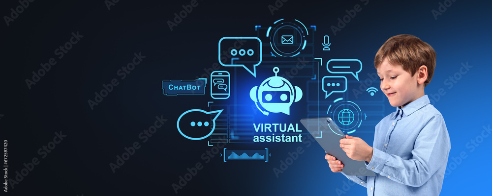 Poster happy boy with tablet using ai virtual assistant