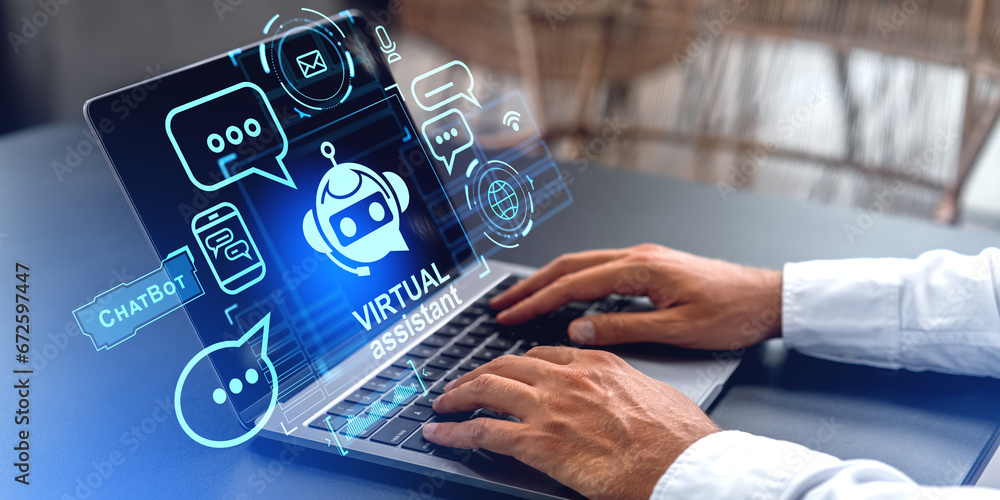 Poster man with laptop working with ai virtual assistant