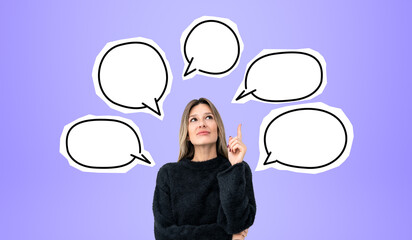 Woman with raised index finger and speech bubbles