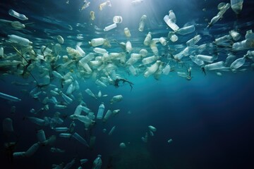 Fototapeta na wymiar Plastic pollution in the ocean Environmental Problem garbage Floating On Sea
