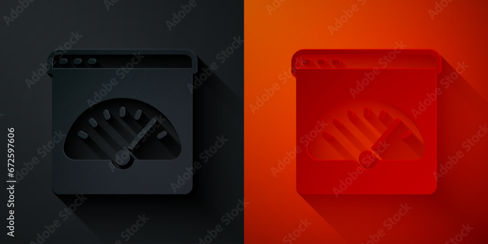 Poster paper cut digital speed meter icon isolated on black and red background. global network high speed c