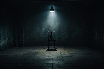 single chair in a dark room like a torture chamber or interrogation room, banner, header, wallpaper - obrazy, fototapety, plakaty
