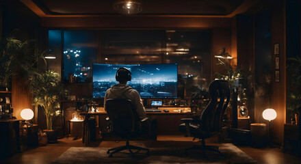 Fototapeta na wymiar A beautiful gamer's room with professional layout and cinematic interior design, large monitor, practical light