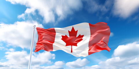 The Elegance of Canada's Flag Soaring in a 3D Blue Sky Background