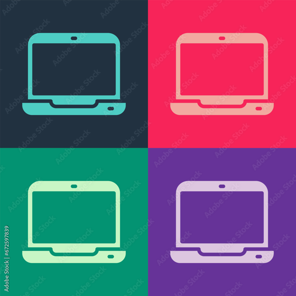 Poster pop art laptop icon isolated on color background. computer notebook with empty screen sign. vector