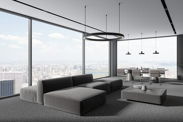 Panoramic gray living room and dining room interior