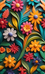 wallpaper pattern with colorful flowers and leaves. 3d interior mural painting wall art decor wallpaper. floral pattern nature plant with bright color, Generative AI