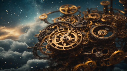 A clockwork sky with cogs and gears interlocking in the heavens. It's as if the very fabric of the universe is a complex machine, with celestial bodies moving in perfect synchronization.