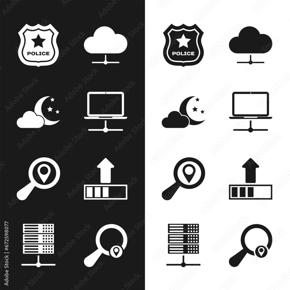 Aufkleber set computer network, cloud with moon and stars, police badge, network cloud connection, search loca