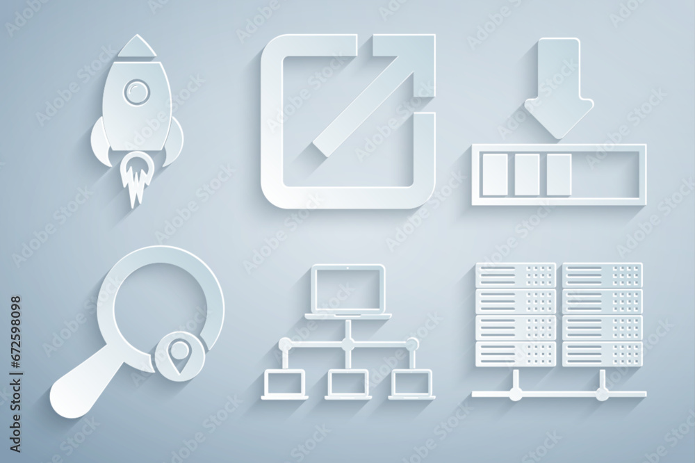 Poster set computer network, loading, search location, server, data, web hosting, open new window and rocke
