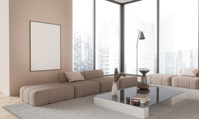 Beige living room corner with couches and poster
