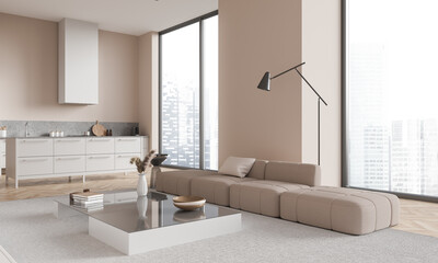 Beige living room and kitchen interior