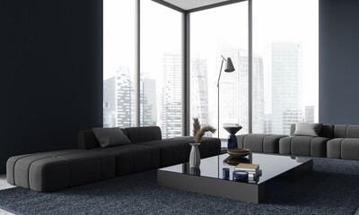Dark blue home living room interior with sofa and decoration, panoramic window