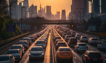 Traffic jam during sunset
