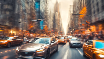 A motion-blurred capture of a city street filled with cars and buildings under a hazy orange sky in...