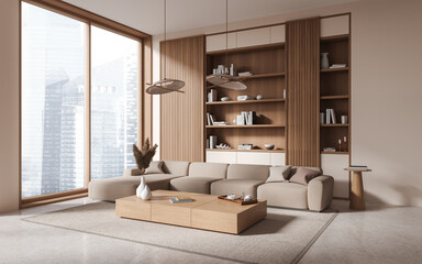 Beige and wooden living room corner with sofa and bookcase - obrazy, fototapety, plakaty